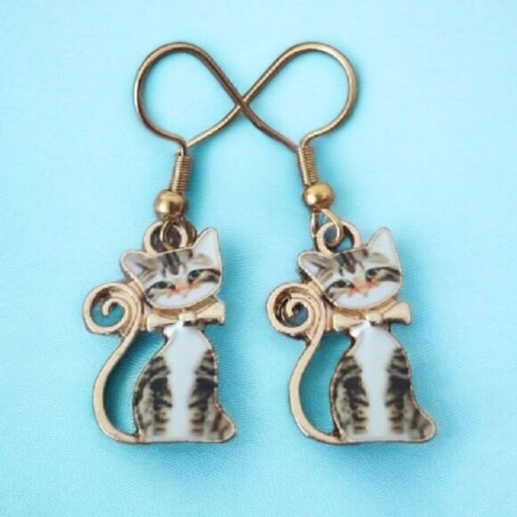 Kitty Cat Tabby Small Bow Dangling Hook Earrings - Picture 1 of 5